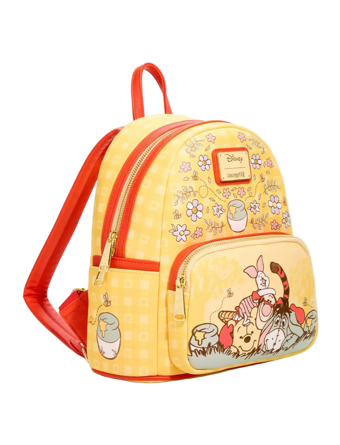 A yellow and orange Disney-themed mini backpack featuring Winnie the Pooh characters on the front pocket, set against a plain white background.