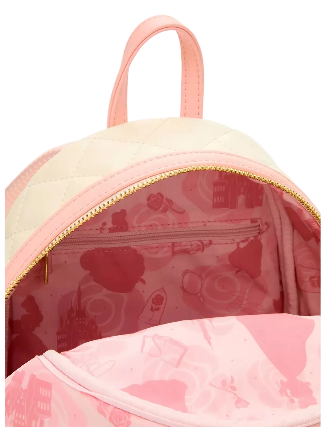 Close-up of a pink and cream quilted backpack with a gold zipper, showing the interior lined with a pink Paris-themed pattern.