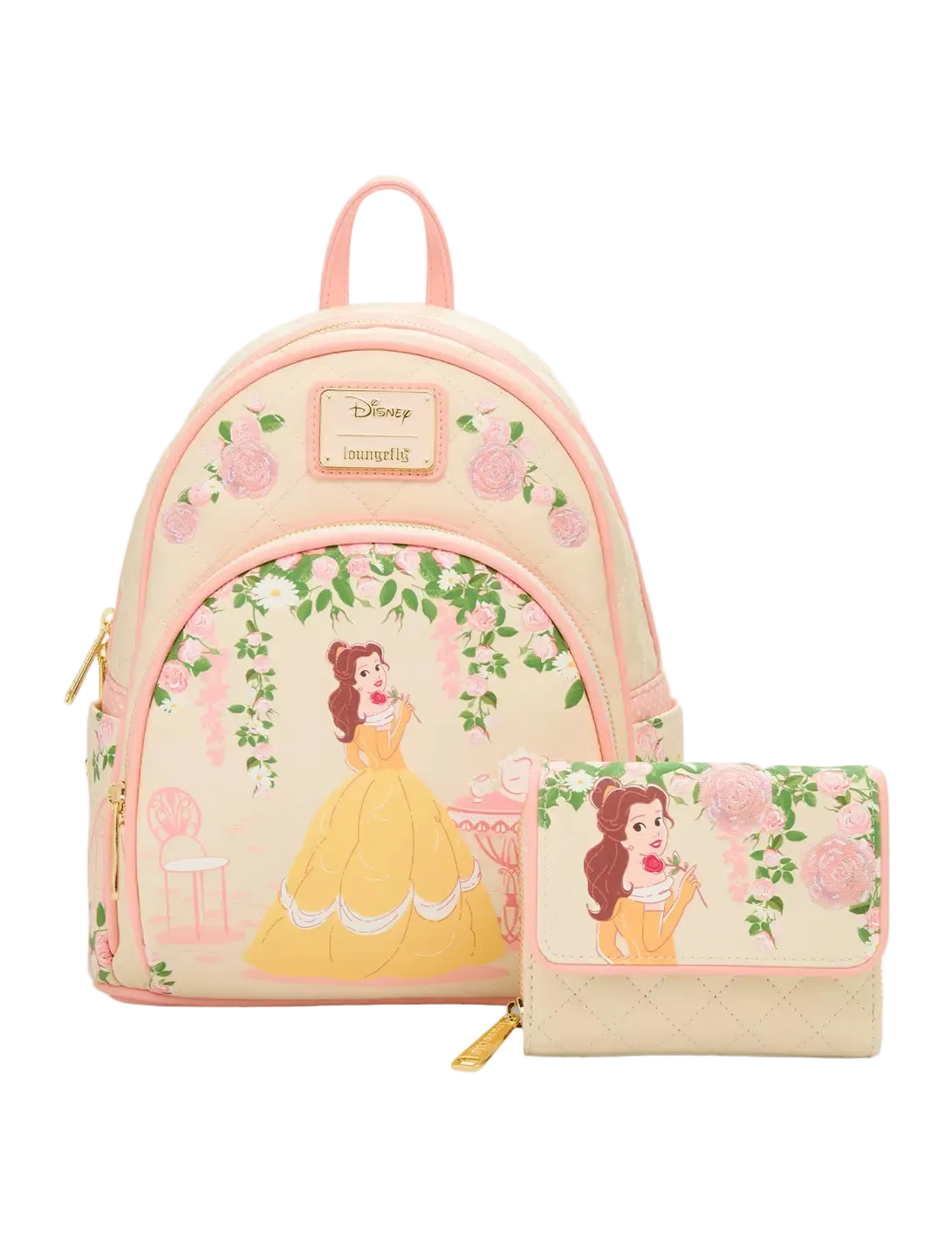 Disney Beauty and the Beast backpack and matching wallet set. The set features a light pink backpack with a large front graphic of Belle in her yellow gown, surrounded by pink roses and green vines, and a matching quilted wallet with a quilted pink border.