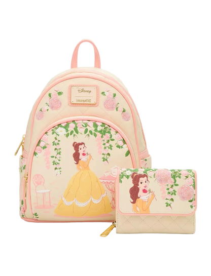 Disney Beauty and the Beast backpack and matching wallet set. The set features a light pink backpack with a large front graphic of Belle in her yellow gown, surrounded by pink roses and green vines, and a matching quilted wallet with a quilted pink border.
