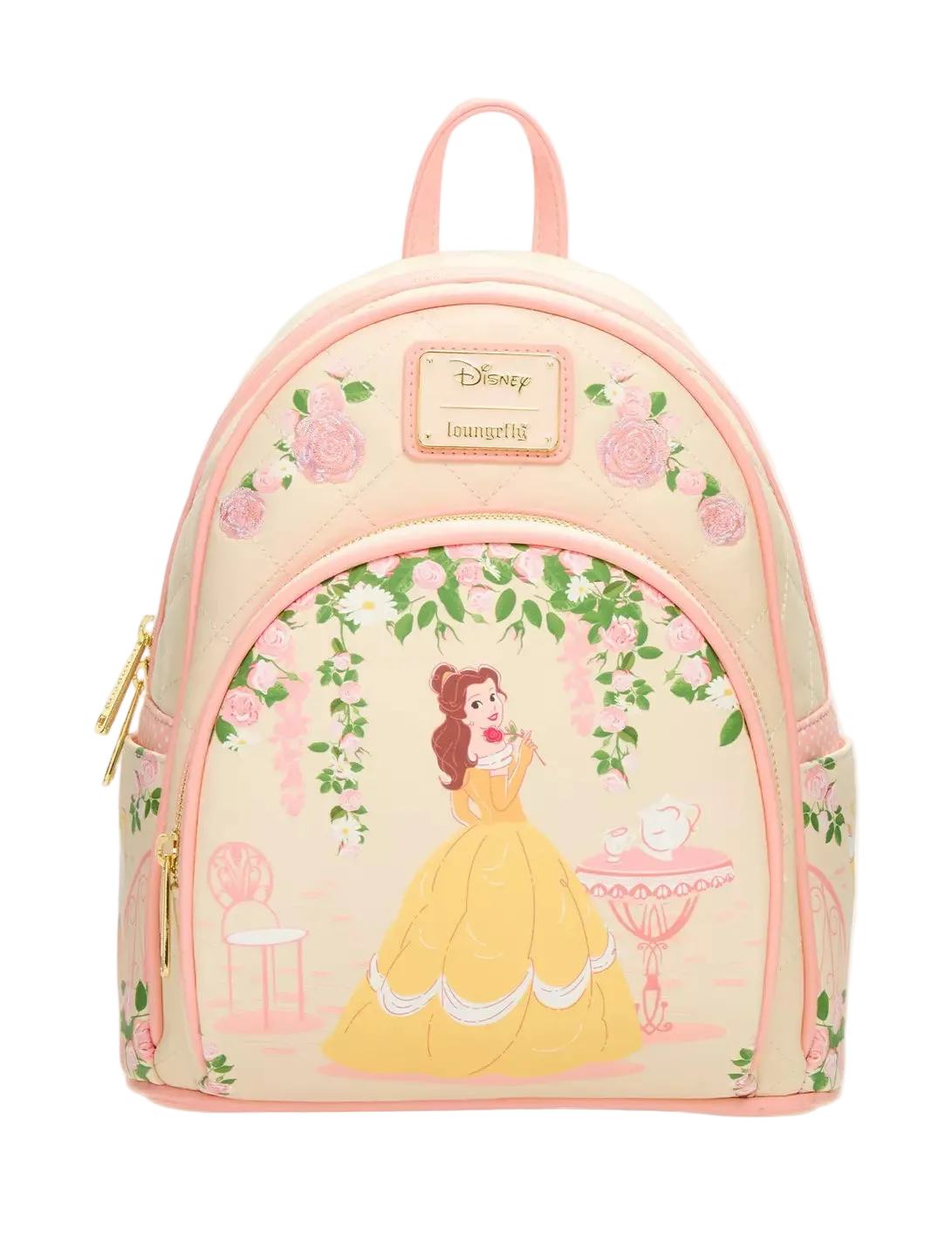 A Disney Imagineers Paris backpack featuring Belle from Beauty and the Beast in her yellow gown, surrounded by pink roses and green leaves on a cream background, with a pink top handle and gold zipper pulls.