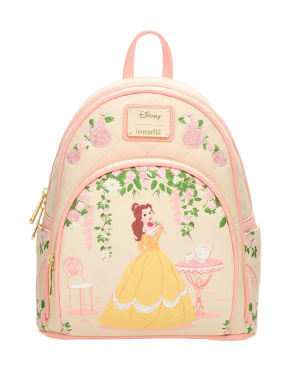 A Disney Imagineers Paris backpack featuring Belle from Beauty and the Beast in her yellow gown, surrounded by pink roses and green leaves on a cream background, with a pink top handle and gold zipper pulls.