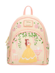 A Disney Imagineers Paris backpack featuring Belle from Beauty and the Beast in her yellow gown, surrounded by pink roses and green leaves on a cream background, with a pink top handle and gold zipper pulls.