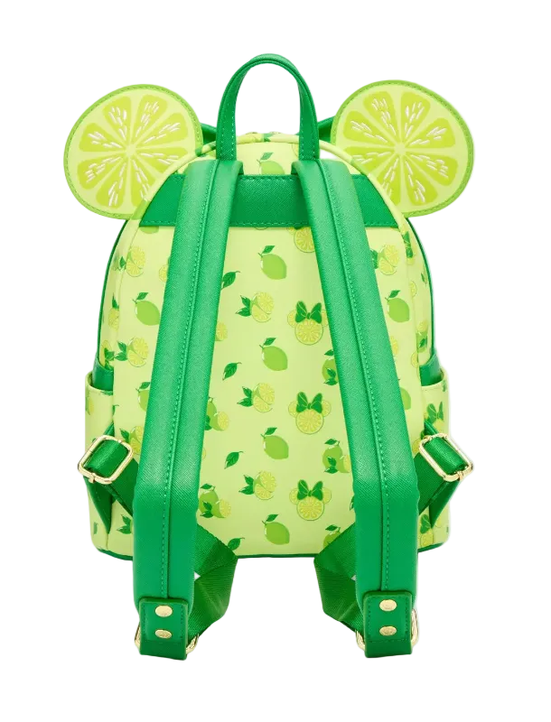 A green and yellow citrus-patterned backpack with lime-slice ear accents on the top, shown from the back against a light gray background.