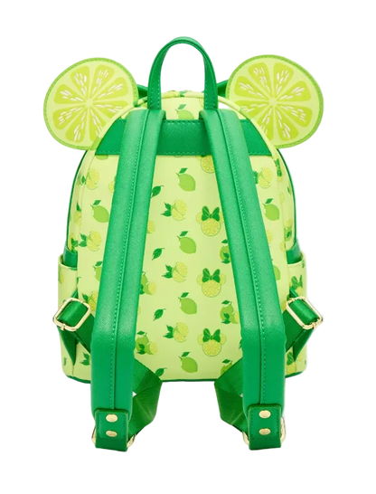 A green and yellow citrus-patterned backpack with lime-slice ear accents on the top, shown from the back against a light gray background.