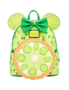 A lime green backpack styled like a Minnie Mouse head, featuring a green bow, round mouse ears with lime slice patterns, and a large circular lime wheel applique on the front pocket.