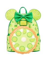 A lime green backpack styled like a Minnie Mouse head, featuring a green bow, round mouse ears with lime slice patterns, and a large circular lime wheel applique on the front pocket.