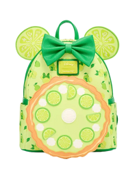 A lime green backpack styled like a Minnie Mouse head, featuring a green bow, round mouse ears with lime slice patterns, and a large circular lime wheel applique on the front pocket.