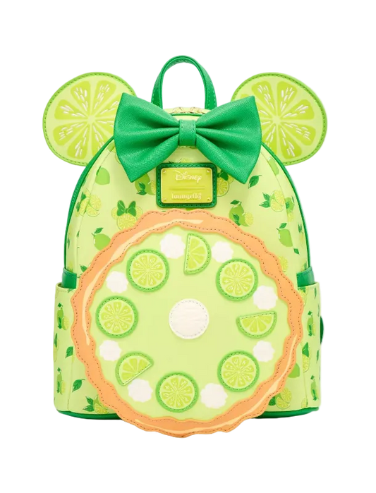 A lime green backpack styled like a Minnie Mouse head, featuring a green bow, round mouse ears with lime slice patterns, and a large circular lime wheel applique on the front pocket.