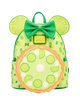 A lime green backpack styled like a Minnie Mouse head, featuring a green bow, round mouse ears with lime slice patterns, and a large circular lime wheel applique on the front pocket.
