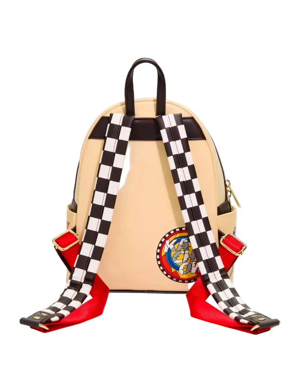 A beige backpack with black and white checkered straps, red footrests, and a circular patch on the lower right, shown against a light gray background.