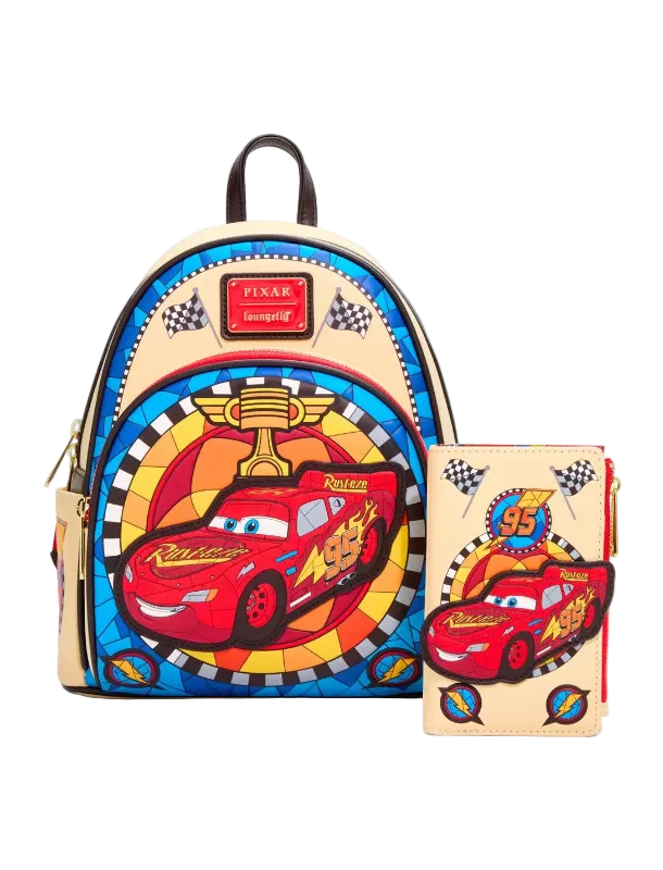 A Disney Pixar Lightning McQueen themed backpack set shown with a matching zip-around wallet. The backpack features a colorful stained-glass style design with a large red Lightning McQueen graphic, a trophy, and checkered accents on a beige base.