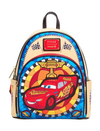 A Disney Pixar Lightning McQueen themed backpack featuring a colorful stained-glass style design with a red race car, trophy, and checkered flags on a light beige background.