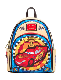 A Disney Pixar Lightning McQueen themed backpack featuring a colorful stained-glass style design with a red race car, trophy, and checkered flags on a light beige background.