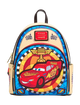 A Disney Pixar Lightning McQueen themed backpack featuring a colorful stained-glass style design with a red race car, trophy, and checkered flags on a light beige background.