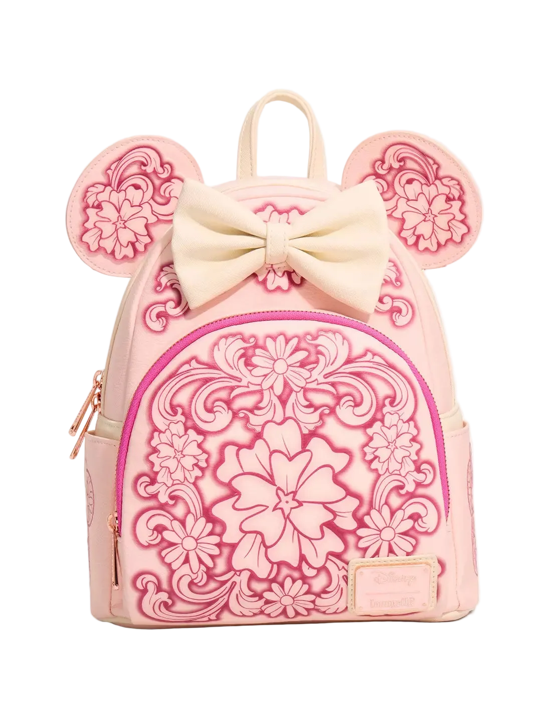 A pink mini backpack featuring embossed floral patterns, a large cream bow on top, and mouse-ear cutouts on the sides, shown against a plain white background.