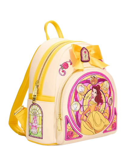 A Disney Beauty and the Beast themed mini backpack in cream and yellow, featuring Belle's portrait, a large yellow bow, and character illustrations on the front pocket.