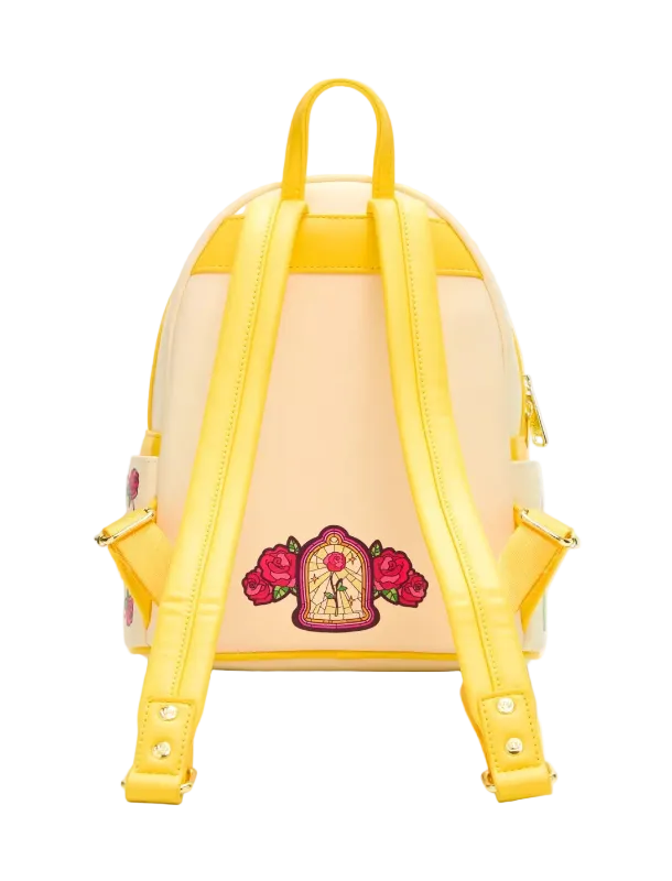 A yellow and cream faux leather backpack with bright yellow straps, featuring a decorative embroidered patch of a birdcage framed by red roses on the lower back.