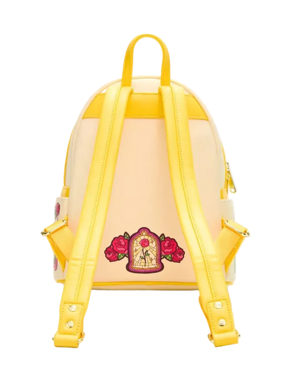 A yellow and cream faux leather backpack with bright yellow straps, featuring a decorative embroidered patch of a birdcage framed by red roses on the lower back.