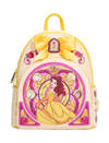 A Disney Beauty and the Beast themed mini backpack in a pale cream color with a large yellow bow on top, featuring a stained-glass style illustration of Belle centered on the front.