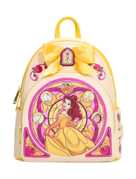 A Disney Beauty and the Beast themed mini backpack in a pale cream color with a large yellow bow on top, featuring a stained-glass style illustration of Belle centered on the front.