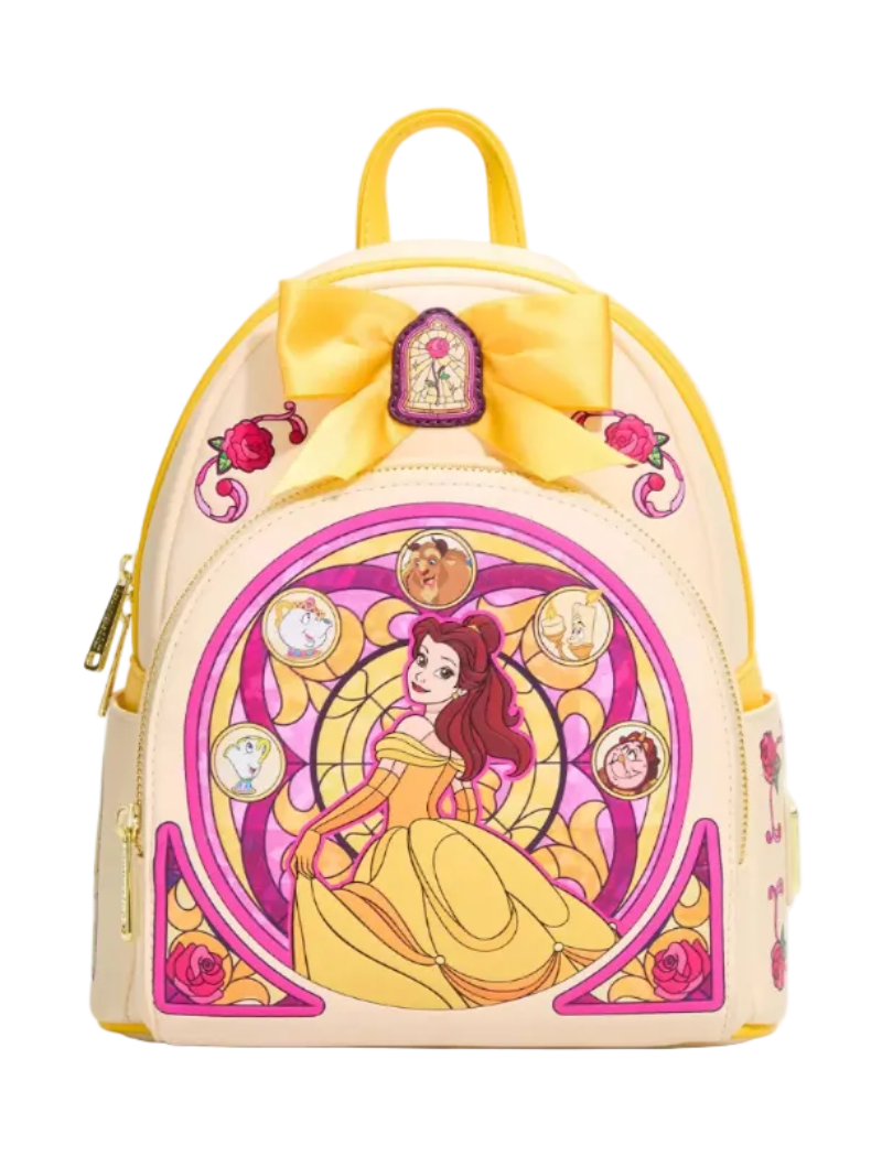 A Disney Beauty and the Beast themed mini backpack in a pale cream color with a large yellow bow on top, featuring a stained-glass style illustration of Belle centered on the front.