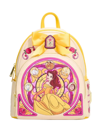 A Disney Beauty and the Beast themed mini backpack in a pale cream color with a large yellow bow on top, featuring a stained-glass style illustration of Belle centered on the front.