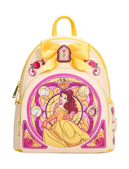 A Disney Beauty and the Beast themed mini backpack in a pale cream color with a large yellow bow on top, featuring a stained-glass style illustration of Belle centered on the front.