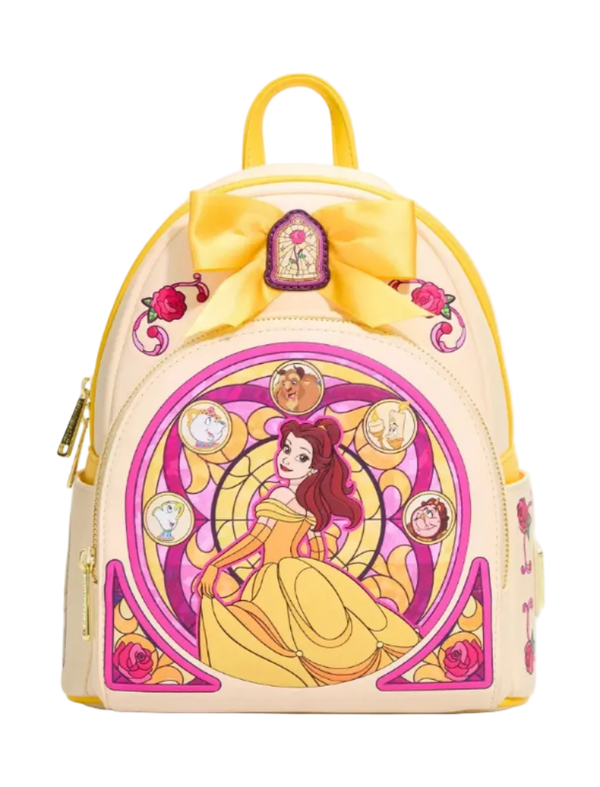 A Disney Beauty and the Beast themed mini backpack in a pale cream color with a large yellow bow on top, featuring a stained-glass style illustration of Belle centered on the front.