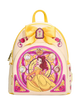 A Disney Beauty and the Beast themed mini backpack in a pale cream color with a large yellow bow on top, featuring a stained-glass style illustration of Belle centered on the front.