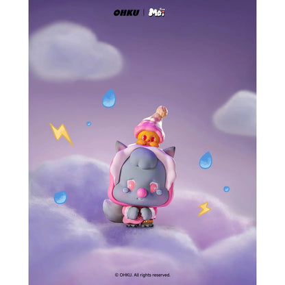 Cartoon character in a pink outfit with cloud and star background