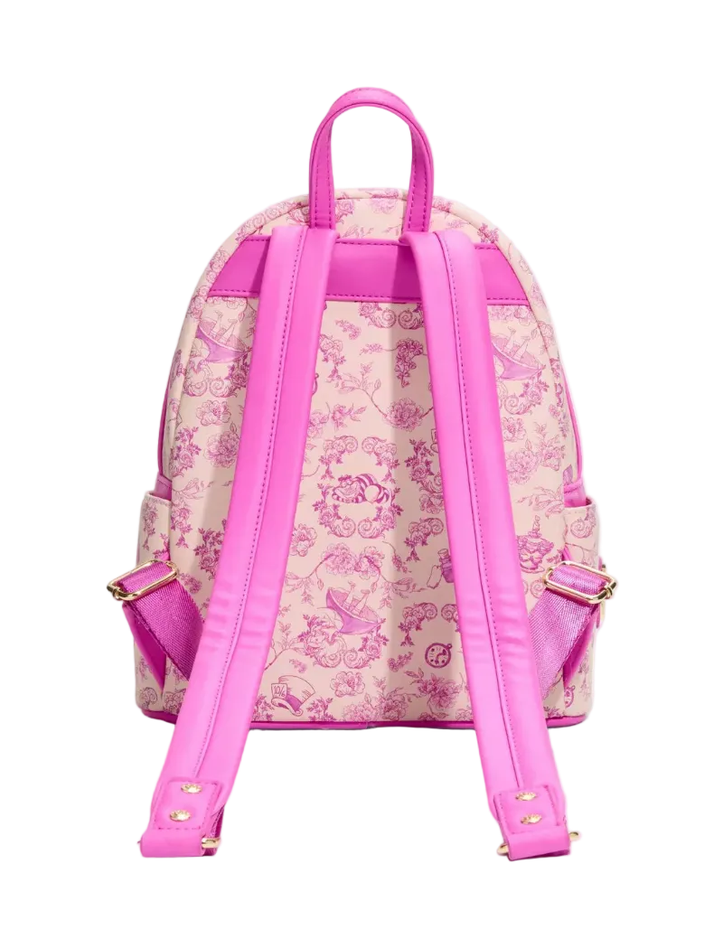 A pink and beige patterned backpack shown from the back, featuring bright pink straps, trim, and top handle, with a light beige base and pink floral/ornamental print. Small gold-tone hardware is visible on the straps.