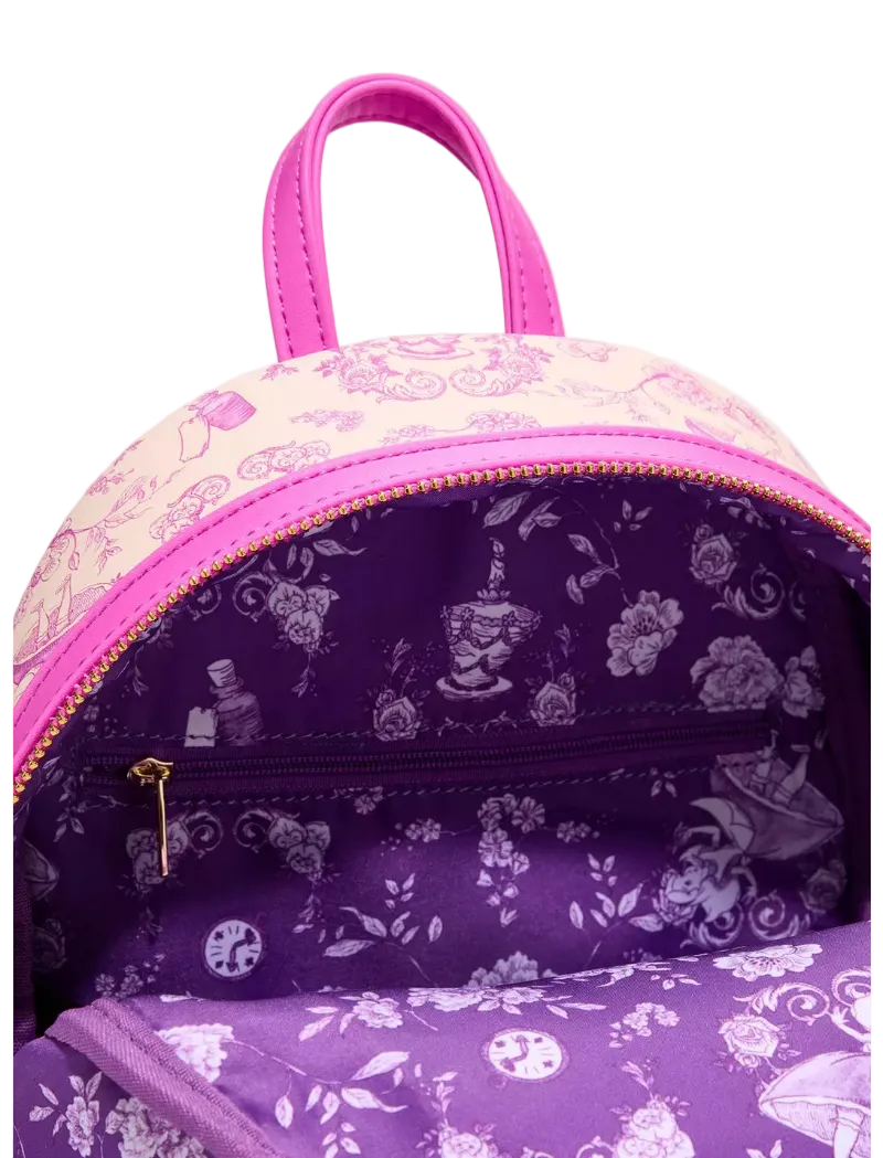 A close-up of a small backpack with a pink and purple floral print, featuring a bright pink handle and a purple interior with a floral pattern.