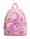 A pink and purple Disney Cheshire Cat backpack with a floral toile pattern, featuring a large Cheshire Cat graphic on the front pocket and a pink top handle, shown against a plain white background.