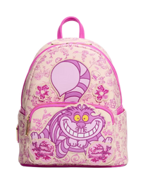 A pink and purple Disney Cheshire Cat backpack with a floral toile pattern, featuring a large Cheshire Cat graphic on the front pocket and a pink top handle, shown against a plain white background.