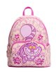 A pink and purple Disney Cheshire Cat backpack with a floral toile pattern, featuring a large Cheshire Cat graphic on the front pocket and a pink top handle, shown against a plain white background.