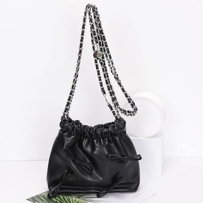 Faux Leather Multi Ribbon Bucket Chain Crossbody Bag: BUR