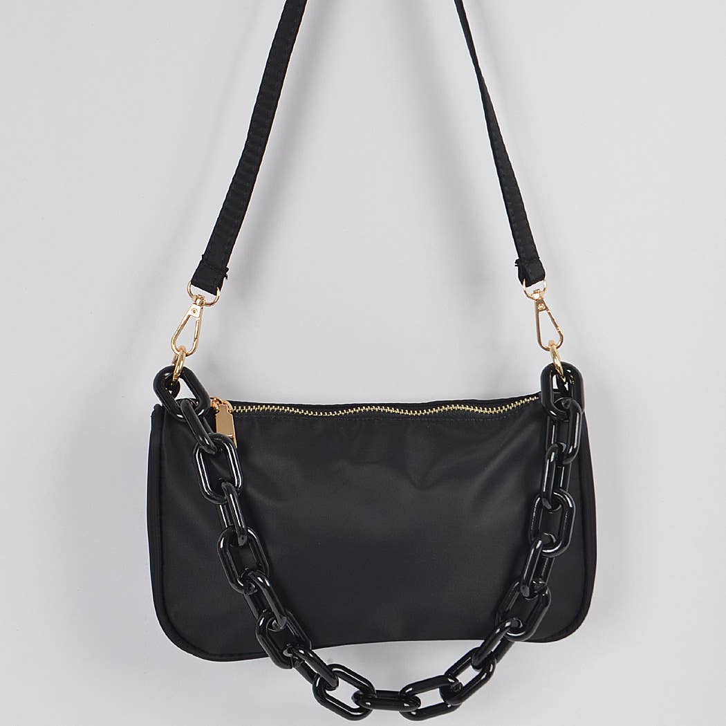 Nylon Shoulder Bag W/Acrylic Chain: Cobalt