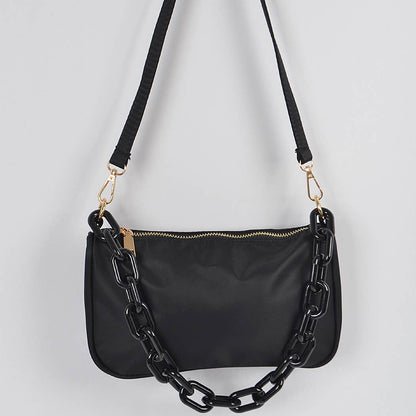 Nylon Shoulder Bag W/Acrylic Chain: Cobalt