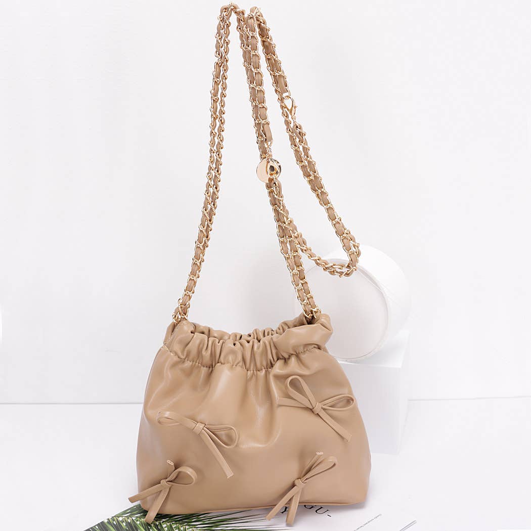 Faux Leather Multi Ribbon Bucket Chain Crossbody Bag: SL