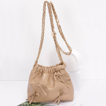 Faux Leather Multi Ribbon Bucket Chain Crossbody Bag: CM