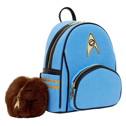 Blue backpack with gold accents and a brown furry item on a white background