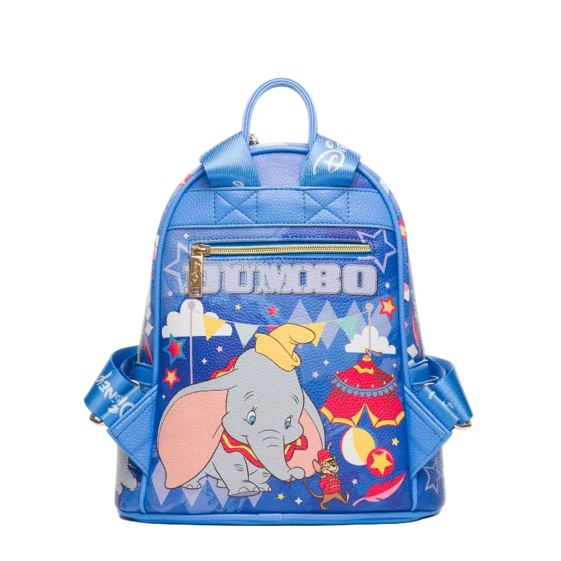 Blue backpack with Dumbo the Elephant design on a white background