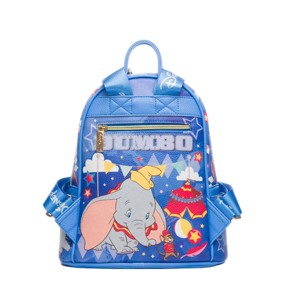 Blue backpack with Dumbo the Elephant design on a white background