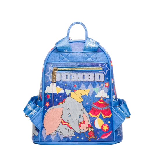 Blue backpack with Dumbo the Elephant design on a white background