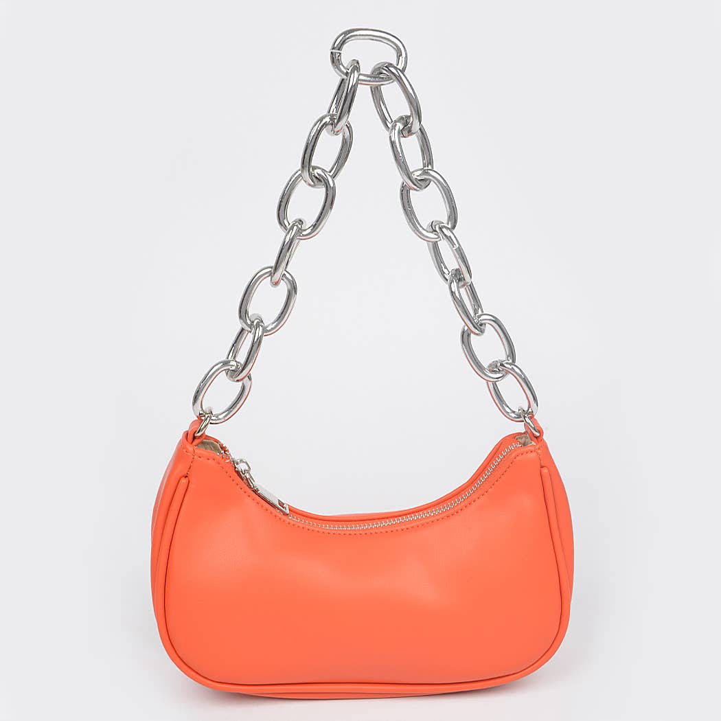 Faux Leather Chain Shoulder Bag: Orange