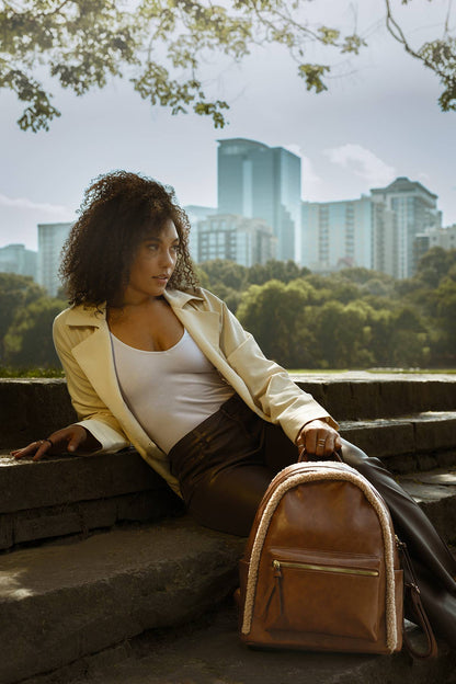 Sherpa Trim Backpack – Front Pocket Vegan Bag | BP2420 : Brown