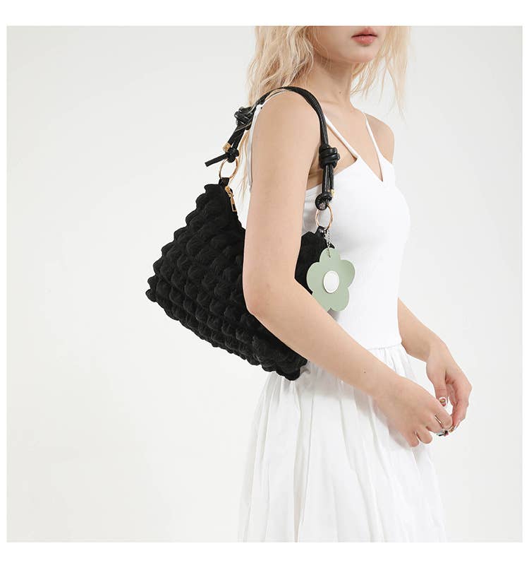Popcorn Texture Flower Charm Mini Hobo Bag: Green / M