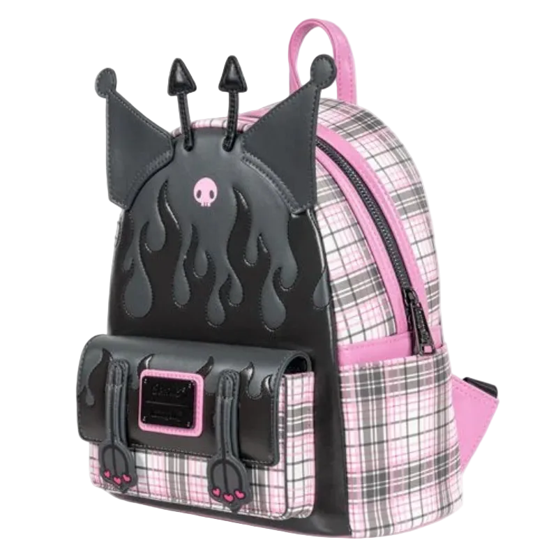Backpack with black flame design and pink plaid pattern on a white background