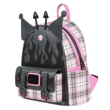 Backpack with black flame design and pink plaid pattern on a white background
